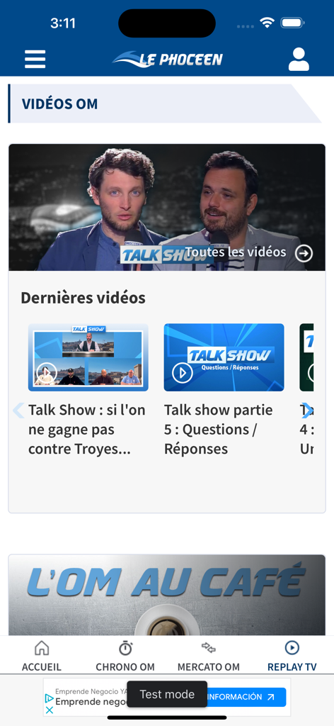 Le Phoceen app interface showing the latest videos and talk shows about Olympique de Marseille soccer club