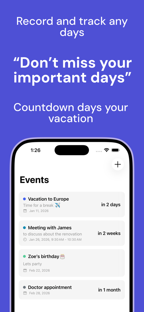 Schermata dell'app mobile che mostra un elenco di eventi imminenti con countdown per vacanze e riunioni