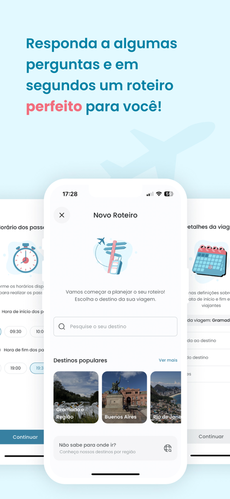 Roterin - Interfaz de la aplicación de viajes Roterin que muestra el inicio de un nuevo itinerario y destinos populares como Río de Janeiro y Buenos Aires.