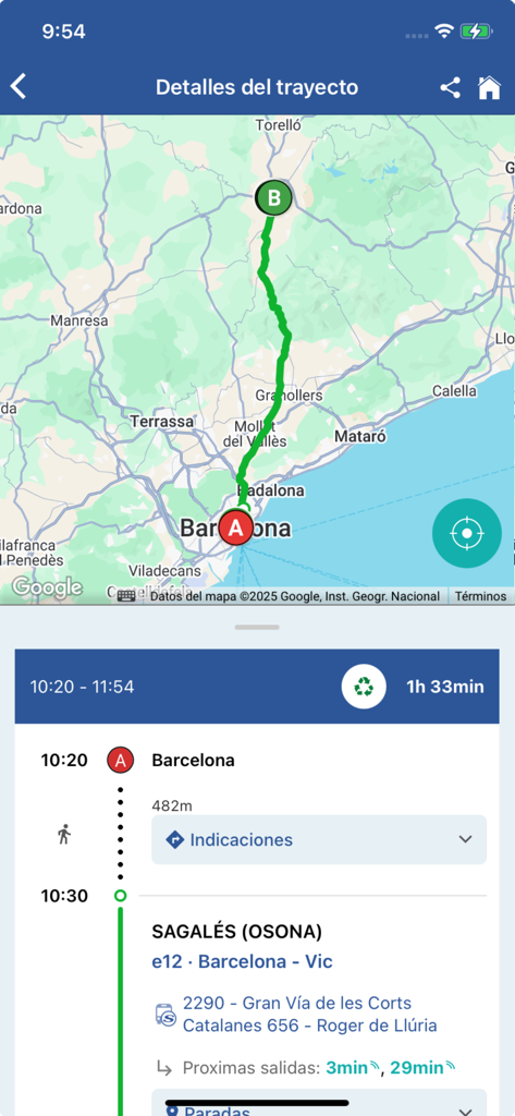 Interface de l'application Sagalés montrant un itinéraire de bus de Barcelone à Vic avec une carte et des heures de départ détaillées