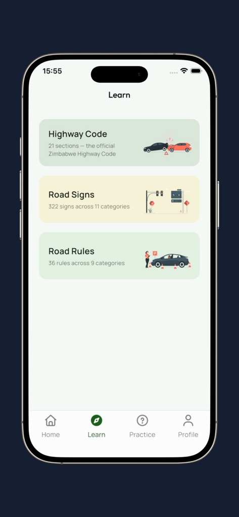 Learning dashboard of the Provisional app showing sections for Zimbabwe highway code, road signs and road rules.
