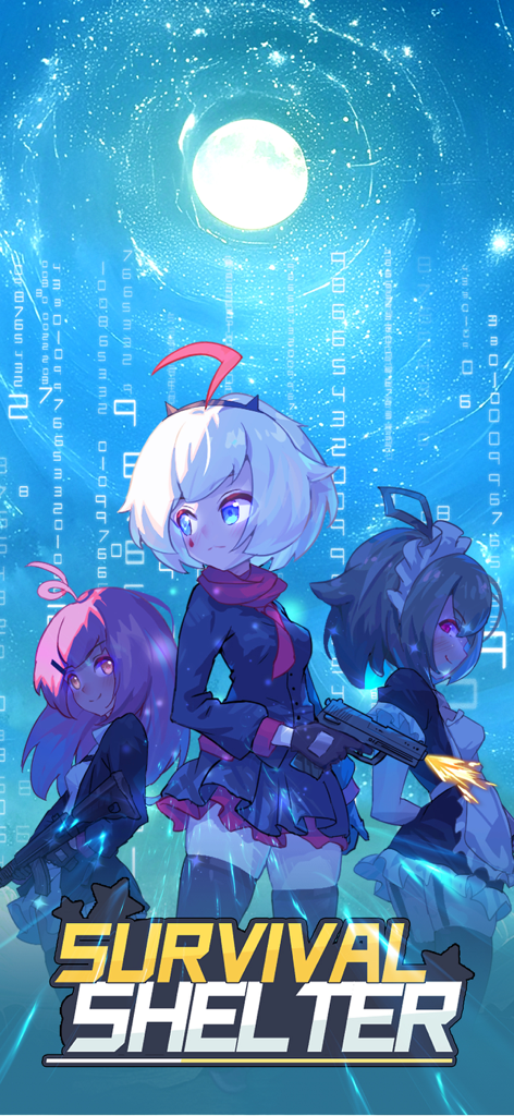 Survival Shelter - Three anime style female warriors holding weapons against a digital blue background for the game Survival Shelter.