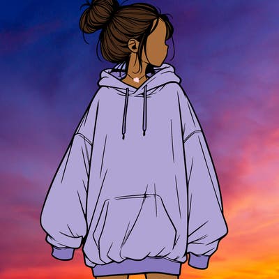 realistic girl with a oversized sweatshirt on and a bun