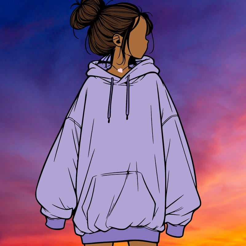 realistic girl with a oversized sweatshirt on and a bun