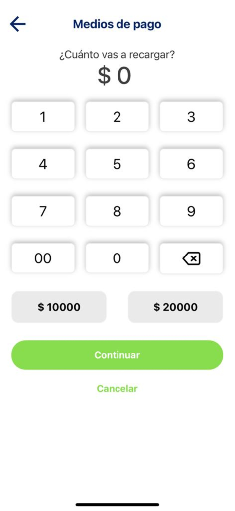 Interfaz para recargar el saldo en la app ZPP Bogota con un teclado numérico y opciones de pago rápido