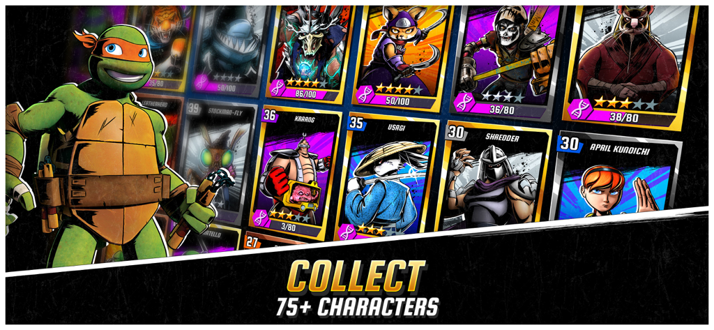 Ninja Turtles: Legends - Michelangelo standing by a collection of Ninja Turtles character cards