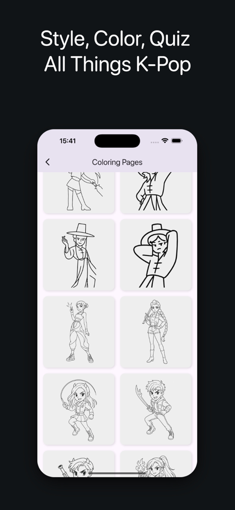Kpop Quiz & Coloring Game - A grid of various K-pop inspired anime character line art drawings ready for coloring in the app.