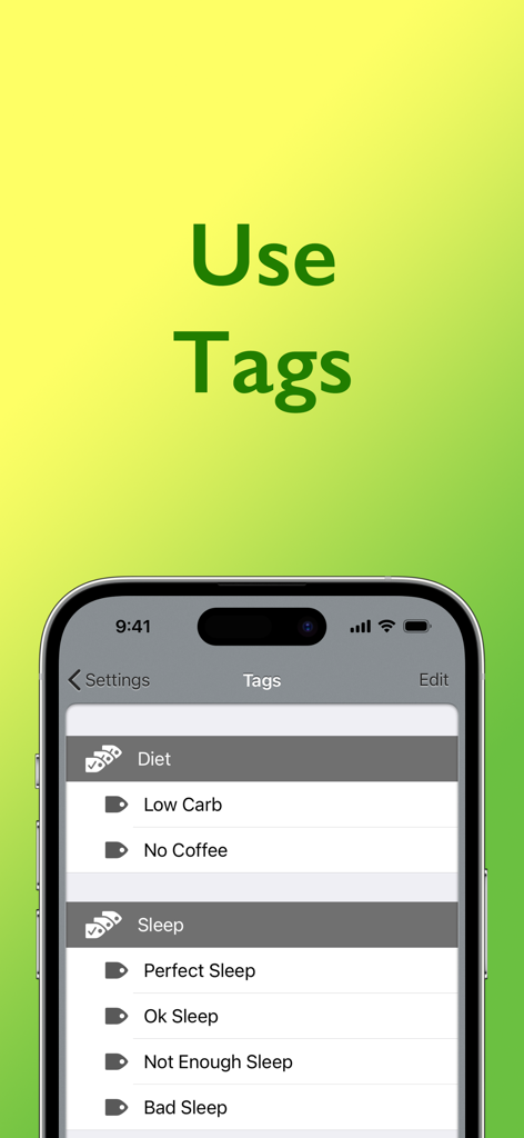 Blood Pressure: Tracker - A mobile screen showing the Tags feature of the Blood Pressure Tracker app with categories for Diet and Sleep to help analyze health trends.