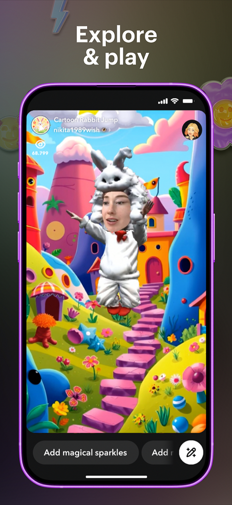 Lens Studio by Snap Inc. - Um usuário interagindo com um jogo de coelho de realidade aumentada dentro do aplicativo Lens Studio