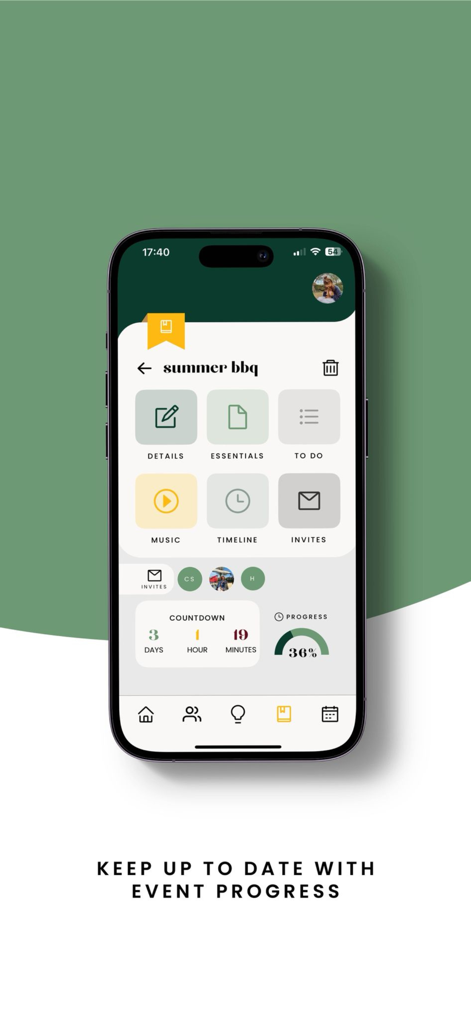 Eventful - Smartphone screen displaying the Eventful app dashboard with a countdown and progress tracker for a summer BBQ.