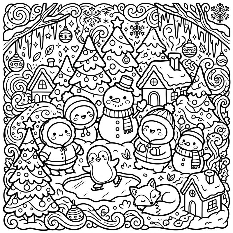 Step into a whimsical Kawaii winter scene filled with charming characters and festive packed snow. This delightful coloring page offers intricate details perfect for teen artists to bring to life.