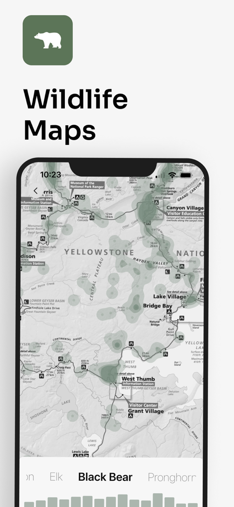 Parkwolfアプリ内のイエローストーン国立公園のクロクマの野生動物ヒートマップを示すスマートフォンの画面。