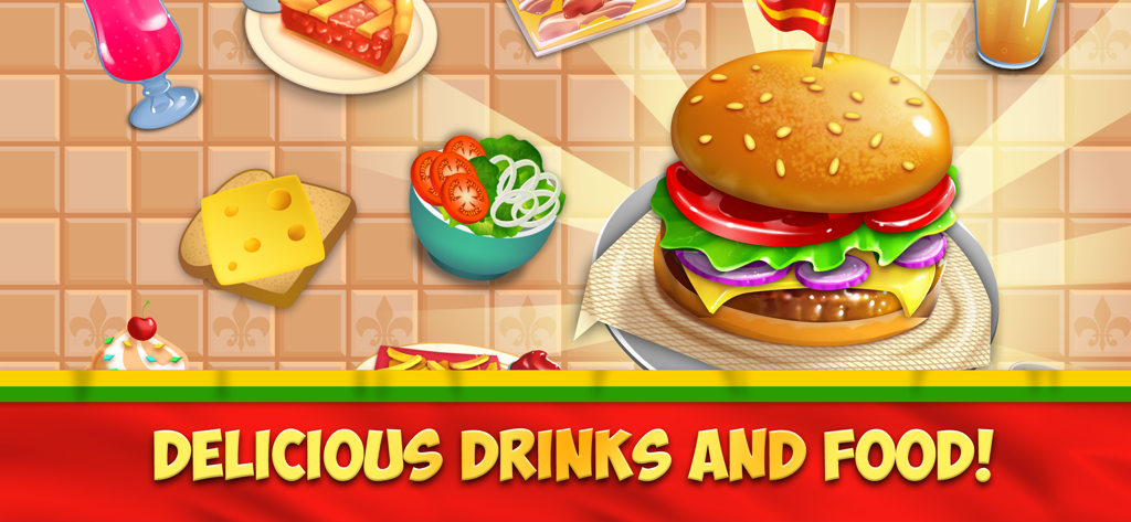 My Burger Shop 2 - おいしい飲み物と食べ物と書かれたテキストとともに、大きなハンバーガー、サラダ、飲み物を含むカラフルなカートゥーン食品のディスプレイ