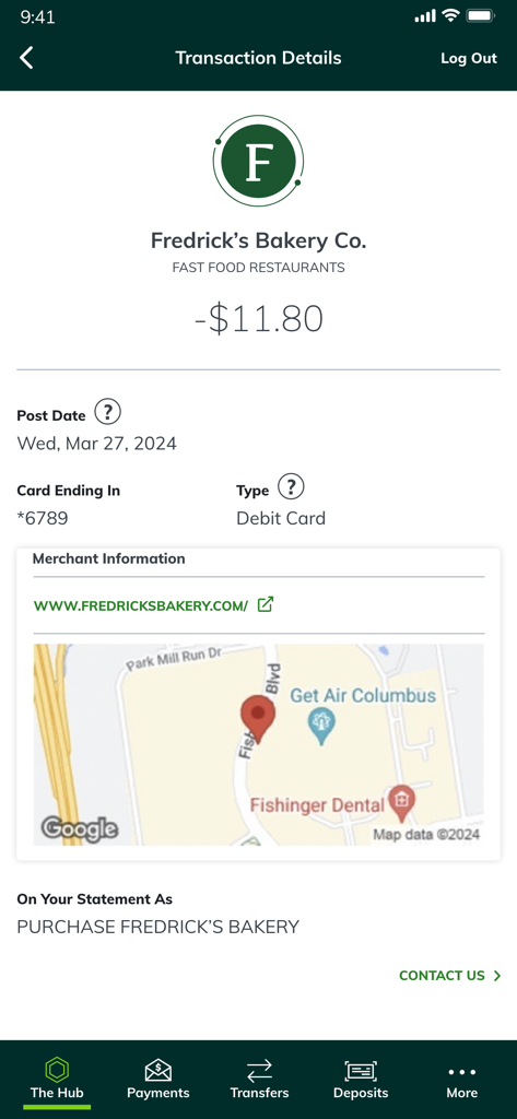 Huntington Mobile Banking - Huntington Mobile Banking app screen showing transaction details for a bakery purchase with a map location