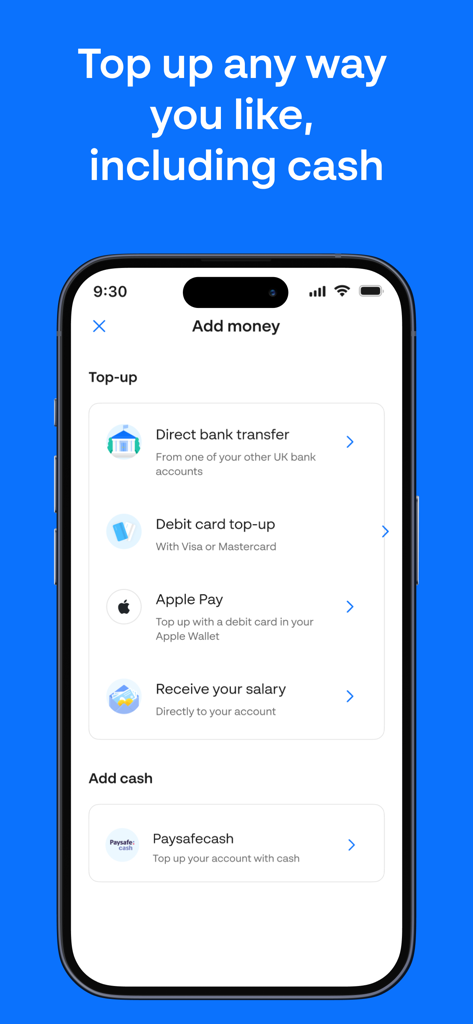Monese-App-Schnittstelle mit verschiedenen Möglichkeiten, Geld einzuzahlen, einschließlich Banküberweisung, Apple Pay und Bargeld