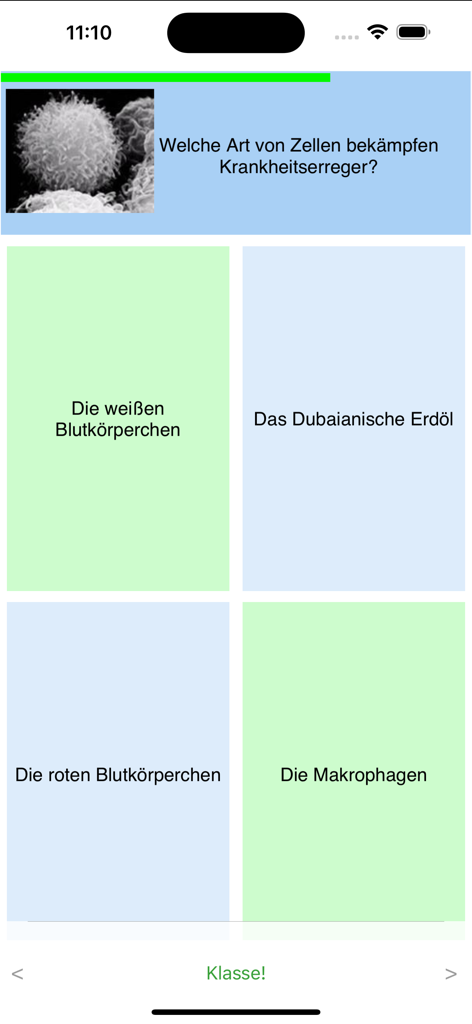 Schlaukopf - Schermata del quiz di biologia sulle cellule immunitarie nell'app educativa Schlaukopf.
