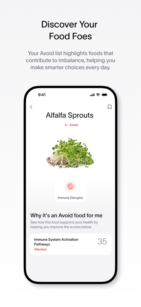 Viome - Viome app interface showing alfalfa sprouts on a personalized avoid list as an immune disruptor based on health scores