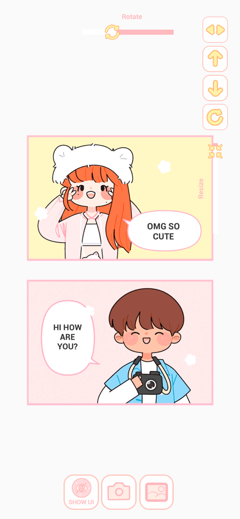 A story scene creation screen in Lovely Doll showing a girl and boy character with speech bubbles