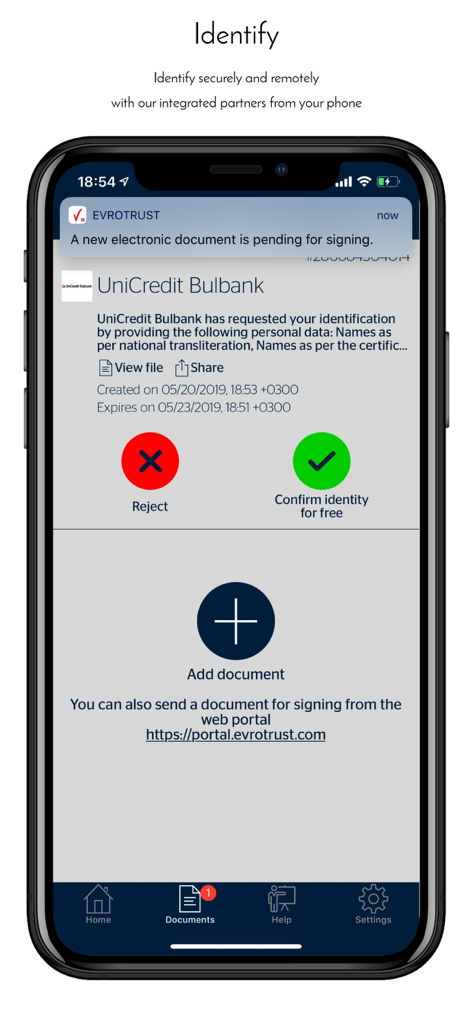 Der Evrotrust App-Bildschirm zeigt eine Anfrage zur Fern-Identitätsprüfung an.