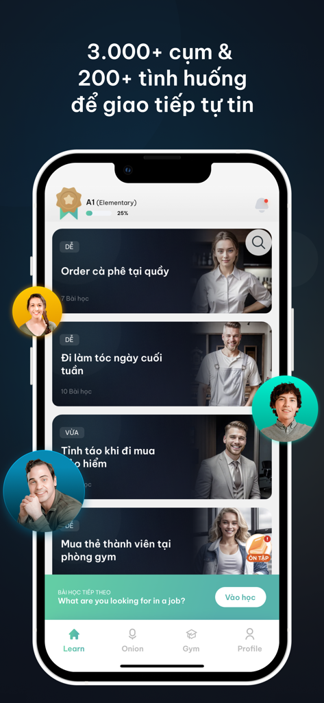 Interfaz de la aplicación The Coach que muestra varias lecciones de comunicación en inglés de la vida real para hablantes de vietnamita