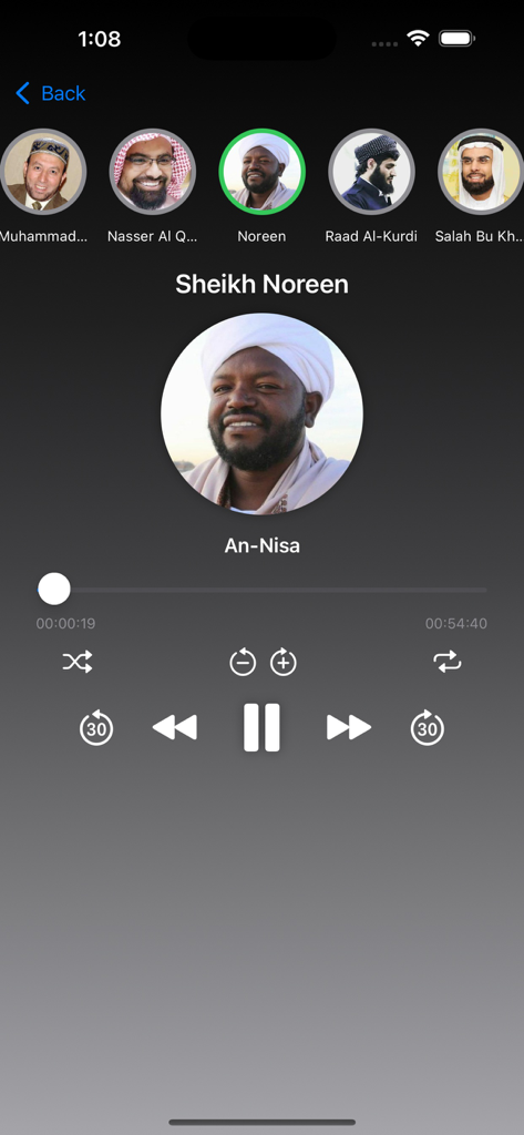 Audio player interface in the Sheikh Noreen Quran app showing recitation of Surah An-Nisa with playback controls.