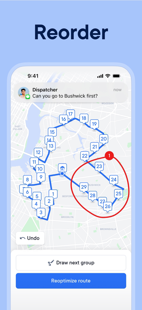 Spoke (Circuit) Route Planner - Interfaz de la aplicación Spoke Route Planner que muestra un mapa con paradas de entrega numeradas y un botón para reoptimizar la ruta
