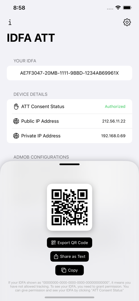 Panel de IDFA ATT que muestra el IDFA del dispositivo iOS y un código QR para compartir.