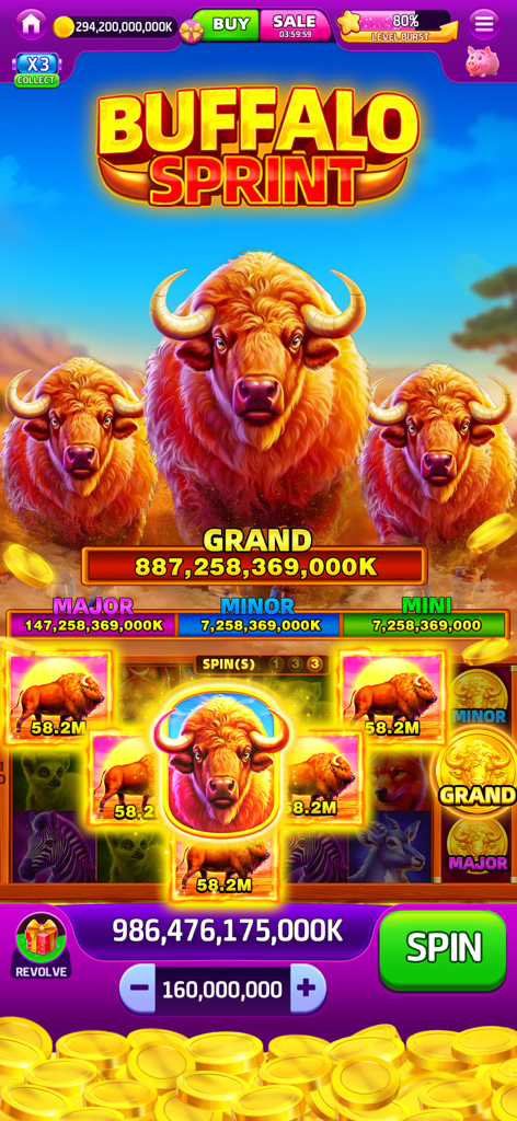 Jackpot Saga - Slots Casino - Machine à sous Buffalo Sprint dans Jackpot Saga montrant des jackpots majeurs et des symboles sur le thème du buffle