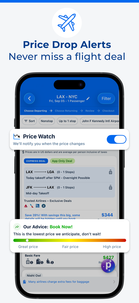 Pantalla de la app Priceline que muestra alertas de caída de precio de vuelos y consejos de reserva para un vuelo de LAX a NYC