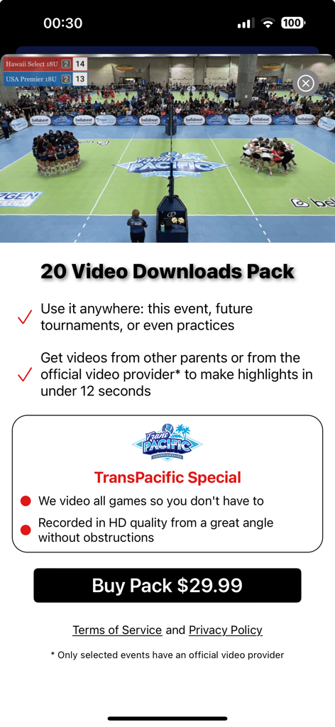 In-app purchase screen for FlipsCored showing a twenty video downloads pack for sports highlight videos