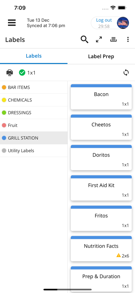 Interface of the Jolt app showing kitchen label categories and food items for restaurant organization