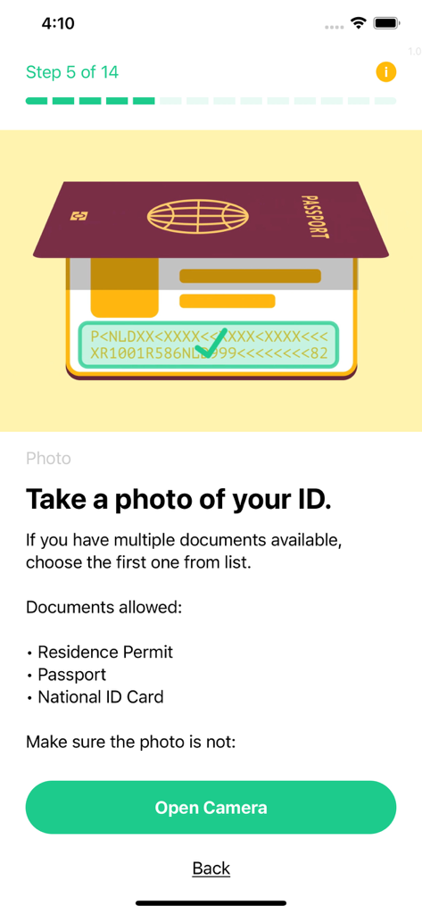 Victoria-ID - Victoria-ID app interface showing the instruction to take a photo of an identity document with an open camera button.