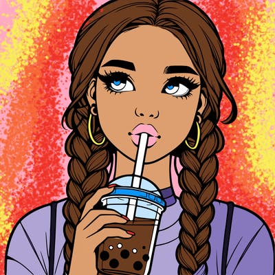 realistic girl with braided hair drinking boba