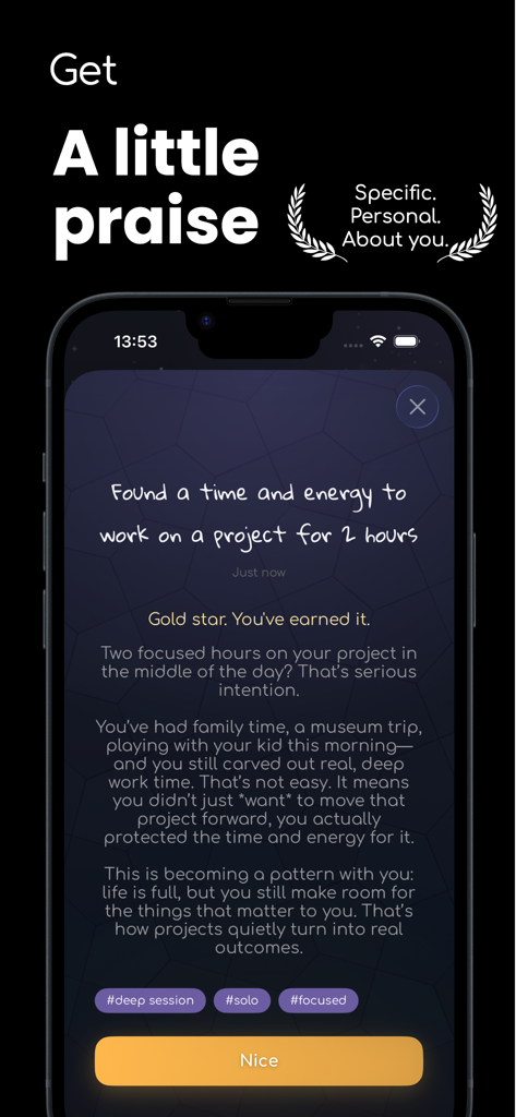 Doing Great: Diary - Doing Great Diary app displaying a personalized message of encouragement for completing a work project