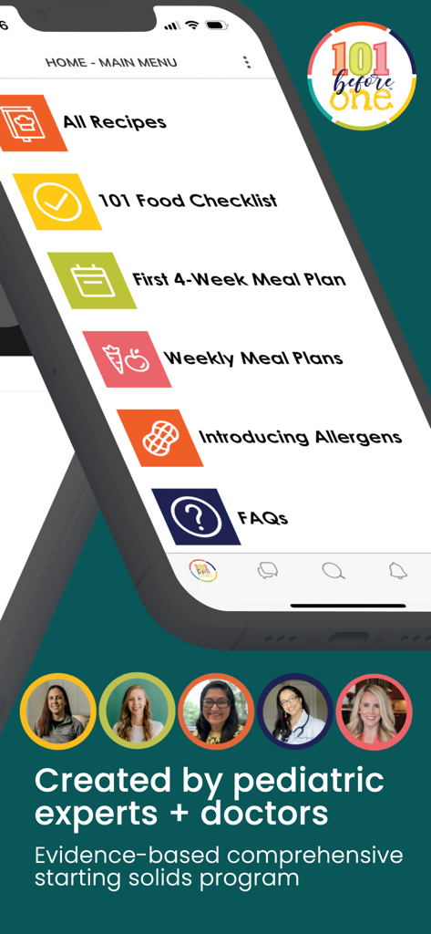 101 before one - 101 before one app main menu showing meal plans recipes and pediatric expert endorsements