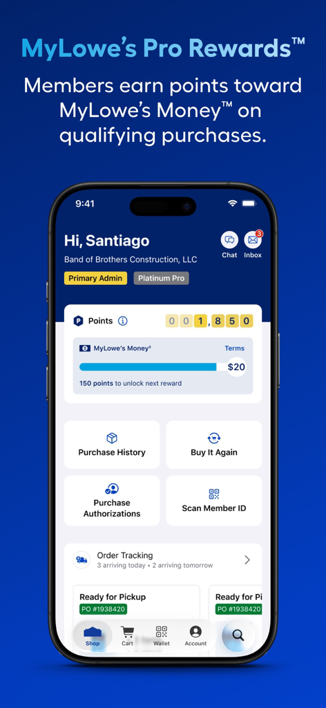 Lowe's Home Improvement - Dashboard MyLowes Pro Rewards nell'app Lowe's che mostra i dettagli dell'account del contractor professionista, punti e tracciamento degli ordini