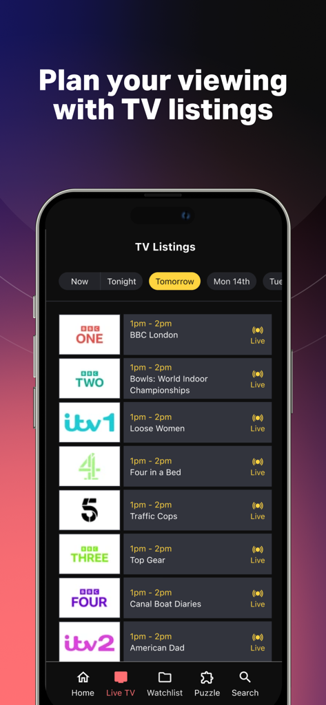 A smartphone screen displaying the Radio Times app's TV listings for channels like BBC and ITV, showing show schedules for tomorrow.