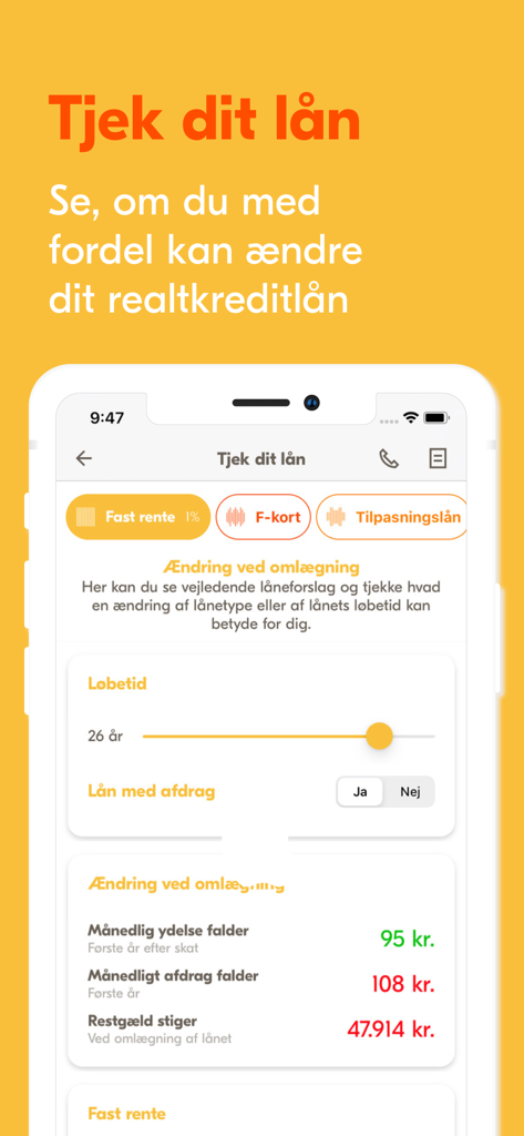 Interface do aplicativo móvel Totalkredit mostrando detalhes e cálculos de refinanciamento de empréstimo hipotecário