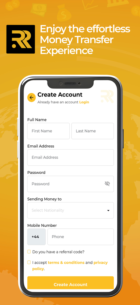 Roze Remit - Roze Remit app account registration screen with fields for name, email, and nationality