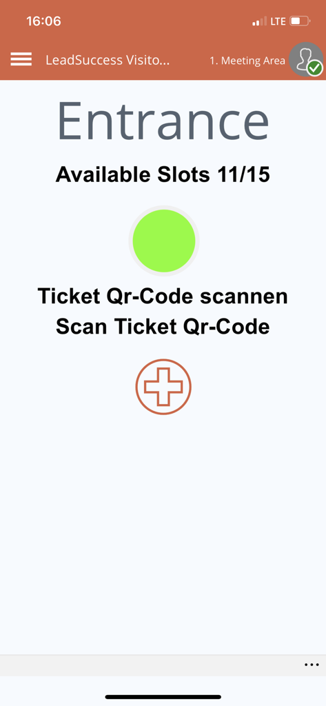 Tela do aplicativo LeadSuccess mostrando gerenciamento de entrada e digitalização de ingressos por código QR para eventos