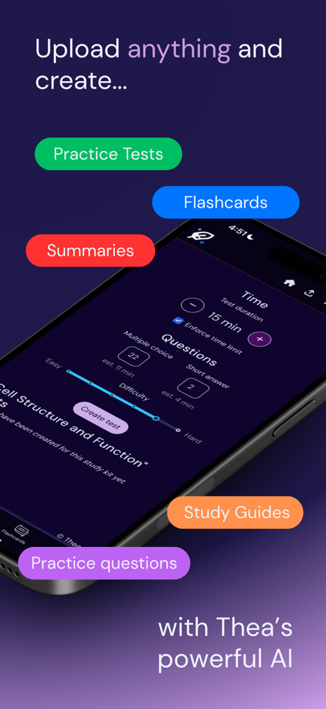 Thea: Study Smart - Theaアプリのインターフェースに、アップロードされたコンテンツから練習問題、フラッシュカード、要約をAIで生成している様子が表示されています。
