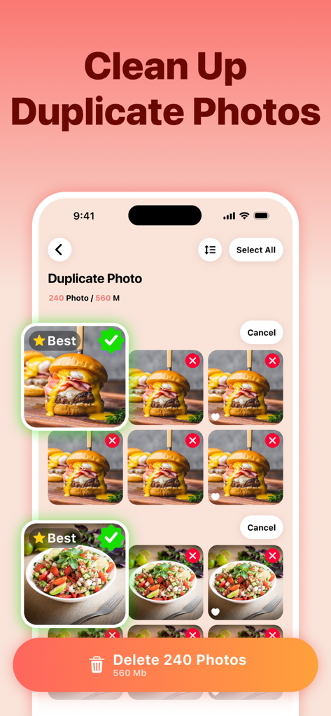 EatLog Album-Storage Cleaner - Interfaz de la aplicación EatLog mostrando la función de limpieza de fotos duplicadas con imágenes de comida y un botón de eliminar.