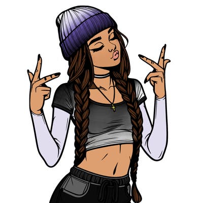 realistic teenage girl with braids and a beanie and crop top doing 🫶🏼