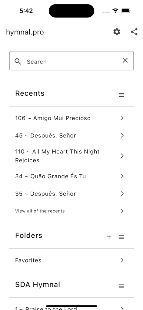 Hymnal Adventist - Hymnal Adventist app screen with a search bar and a list of recently viewed hymns in English and Spanish