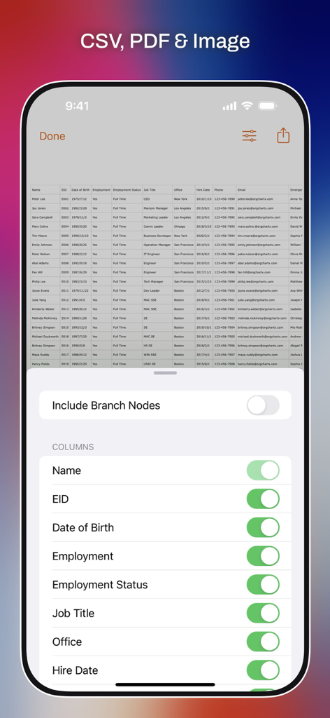 Interfaz de la aplicación OrgChartX que muestra la selección de columnas para exportar informes en formatos CSV, PDF e imagen.