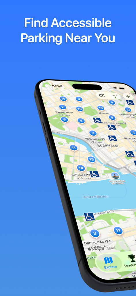 Handiplats - Un smartphone mostrando el mapa de la aplicación Handiplats con varios iconos azules que indican ubicaciones de estacionamiento accesible en un área urbana.