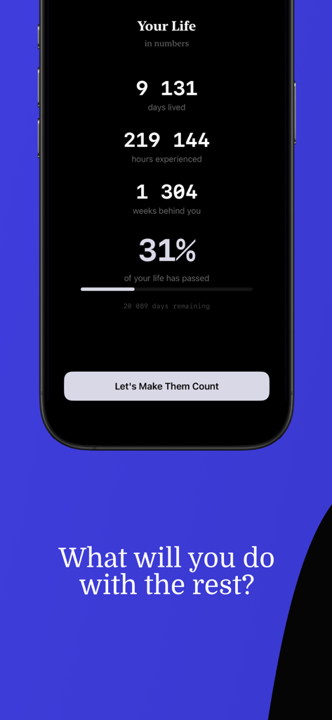 TimeDot: Year & Life Progress - Screenshot of TimeDot app displaying life statistics like days lived and total life progress percentage.