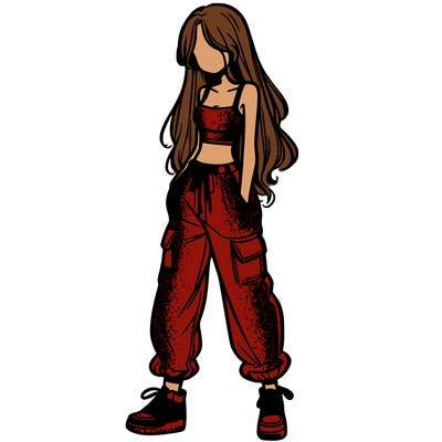 girl in baggy pants crop top and long hair