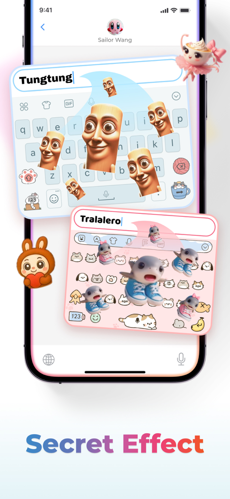 Facemoji AI Keyboard showing secret effects with custom stickers and colorful keyboard themes.