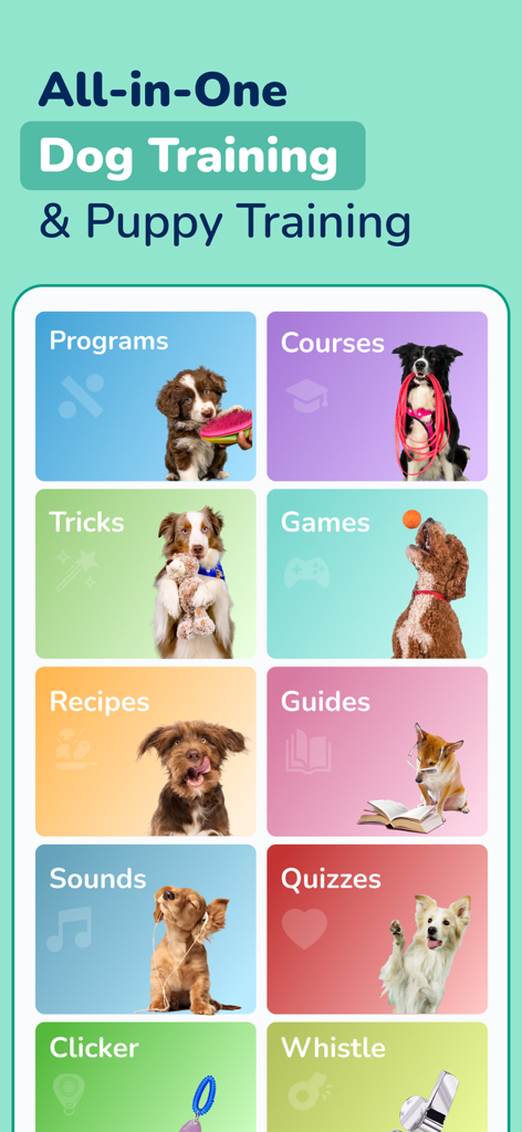 Hundeoアプリの画面。コース、トリック、ゲーム、レシピなどの様々な犬のトレーニングカテゴリが表示されています。